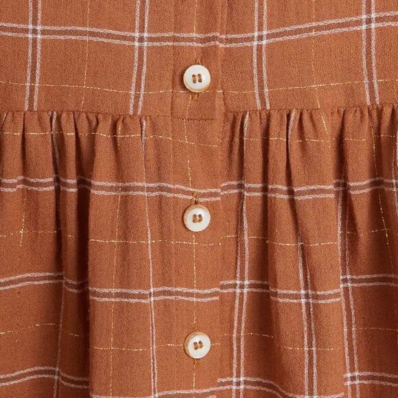 MANGO ORGANIC COTTON BLOUSE BROWN TAN CHECK PRINT GOLD METALLIC THREAD NWT SMALL - Picture 13 of 16